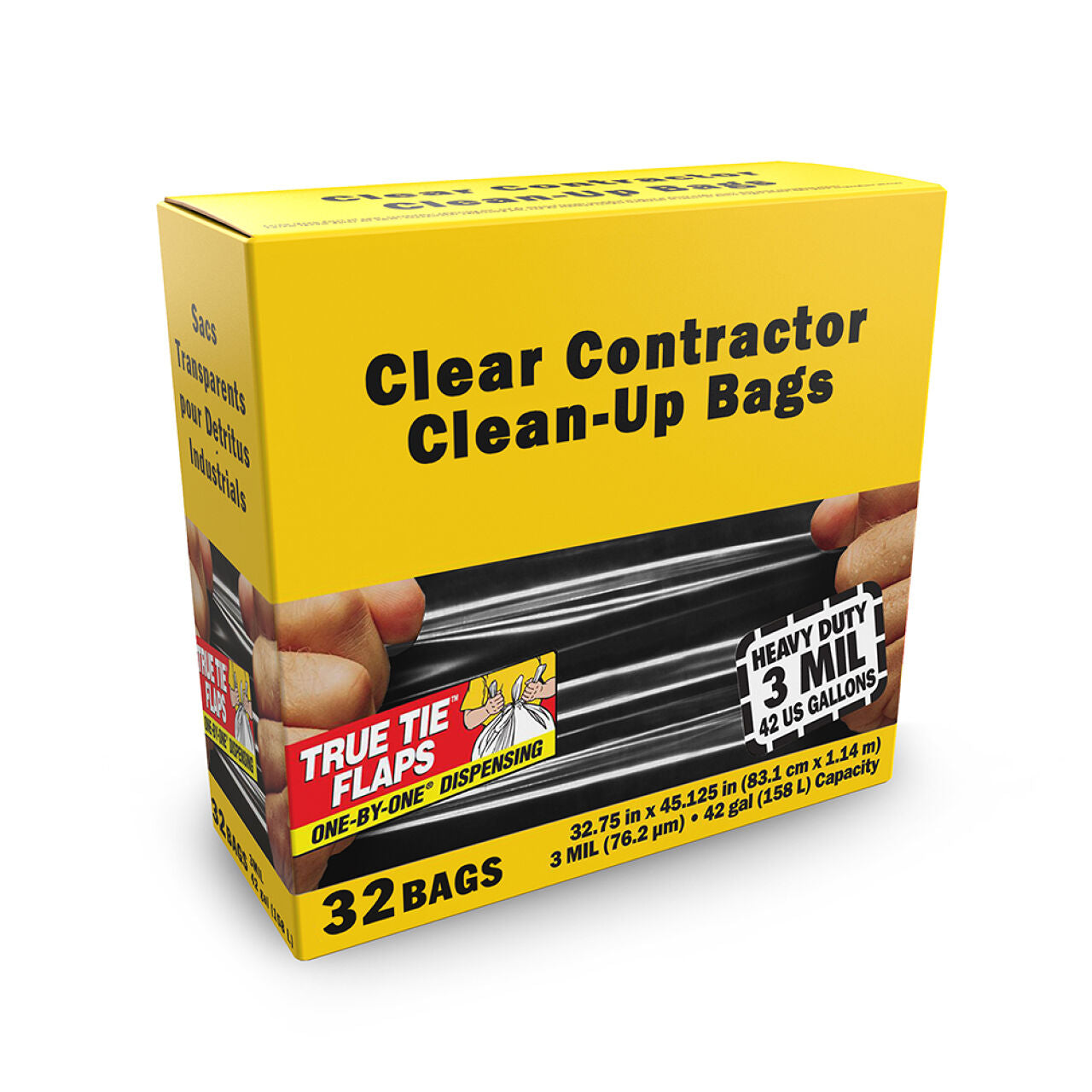 A yellow box labeled Go Build, The Fastest Way To Build 42 gal. Contractor Clean-Up Bag holds 32 heavy-duty 3 mil bags with True Tie Flaps, convenient one-by-one dispensing, and images of hands holding a bag on the packaging.